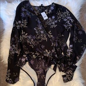 NWT Black & Purple Floral Wrap Bodysuit Blouse